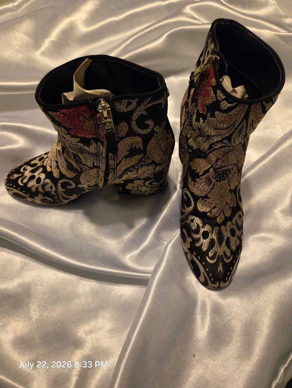 Sam Edelman Black Brocade Floral Ankle Boots with Gold and Pink Embroidery - Picture 2 of 9